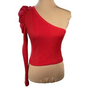 Follow The Sun Ribbed Puff Sleeve One Shoulder Red Size S Small
